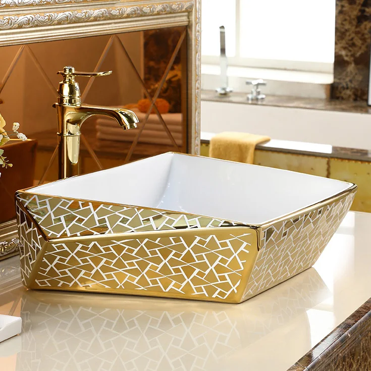 Lavabo de galvanoplastia de oro moderno, Lavabo artístico de mesa de Color dorado, Lavabo de baño de lujo