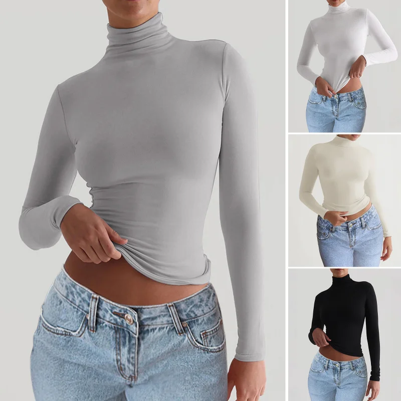 

Women'S Slim Fit Solid Color Knitted Base Long Sleeved Top