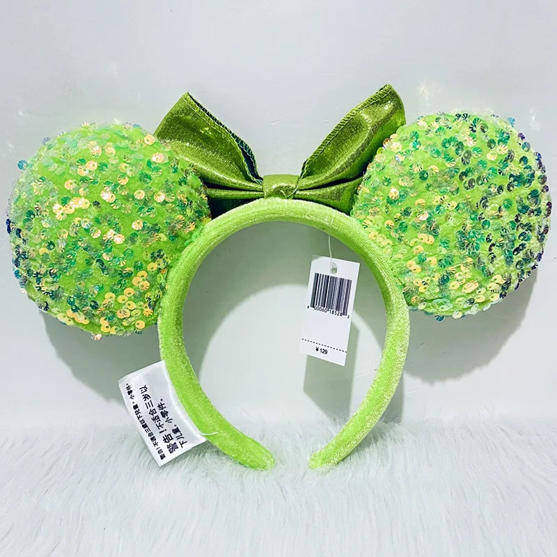 New Disney Green Plush Soft Mickey Minnie Ear Headband For Adults Clear Shell Sequins Headband Minnie Park Accessories Headwear