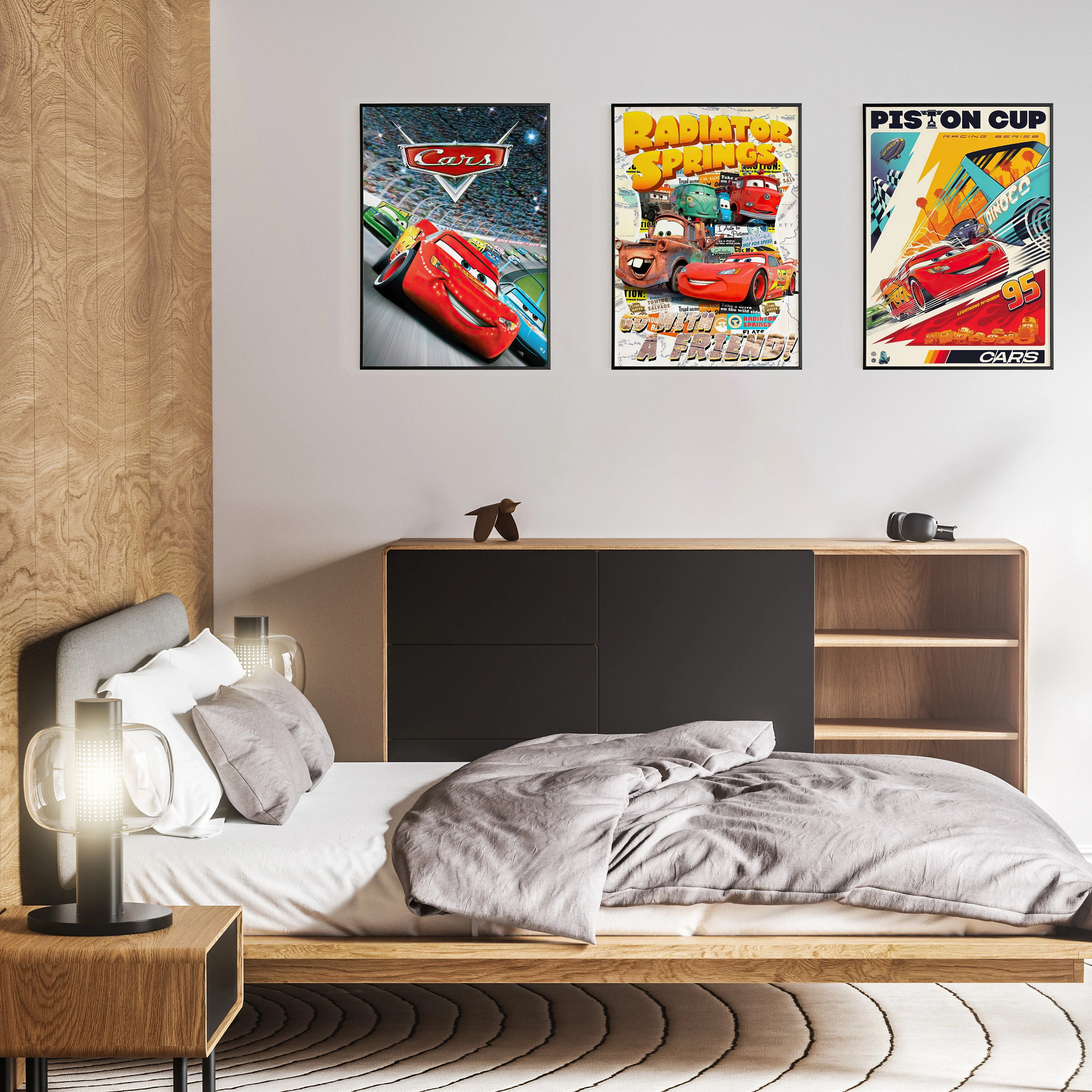 Disney Cars Poster Set of 3 Radiator Springs  Piston Cup Poster Wall Canvas Cars movie  Painting  Decor Boys Room​ living room