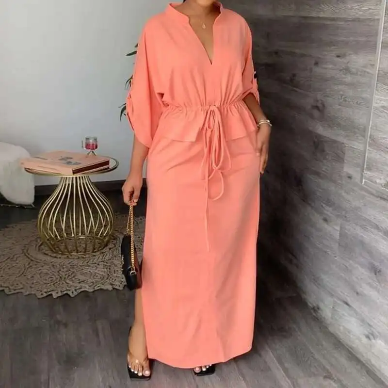 

Casual Loose Side Split Long Elegant Women V-Neck Drawstring Commuter New Spring Multi Color Half Sleeve 2025 Dress