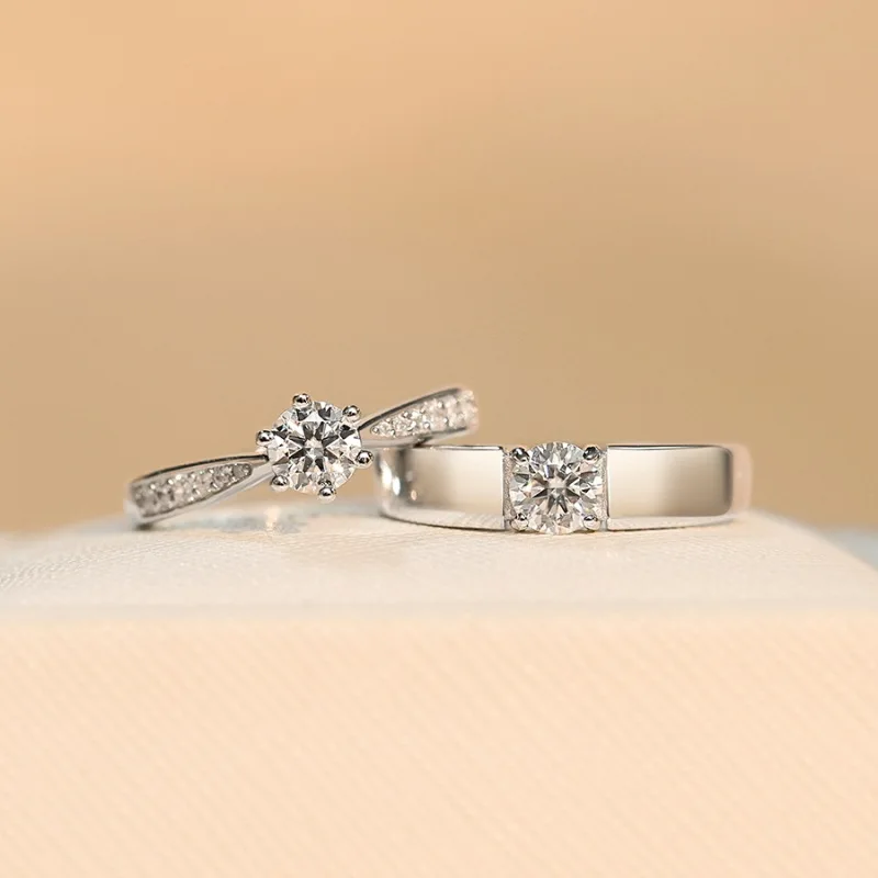 S925 Rhodium Plated 1CT D Color Moissanite Matching Couples' Rings - Adjustable Opening, GRA Certified, Gift Box Included.