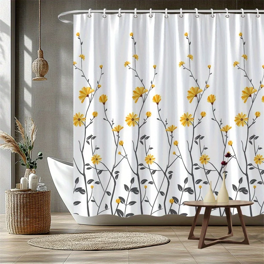 

Yellow Floral Stem Shower Curtain – Gray-Black Branches with Daisy-Like Blooms, 2D Flat Print, Polyester, 12 Hook Holes,