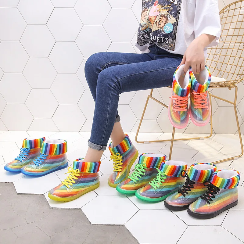 Ankle Rain Boots Removable Cover Platform Lace Up PU Waterproof Motorcycle Colorful Ankle Mature Boots Woman Shoes dfv45