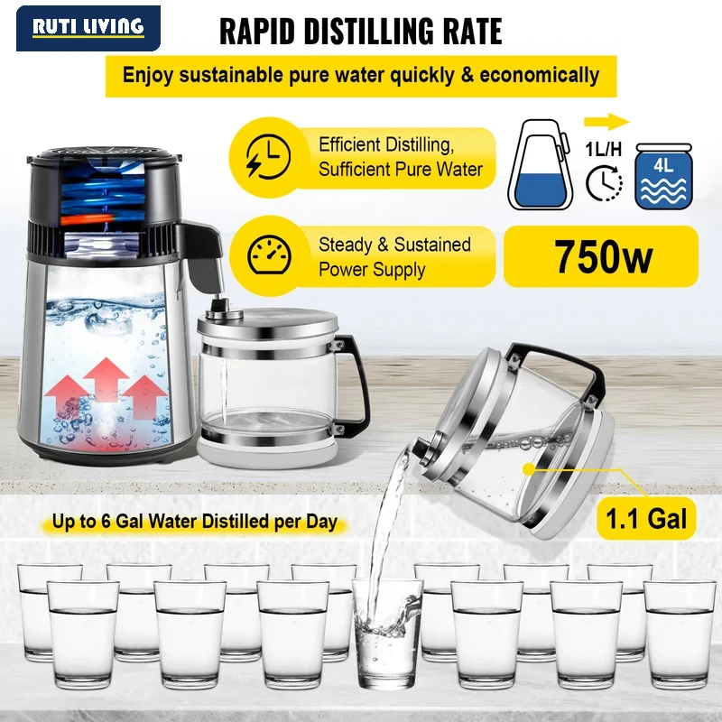 4L Water Distiller Purifier Filter 1 L/H Distilling Speed Dispenser Drinking Bottle Softener Touch Screen Home Appliance