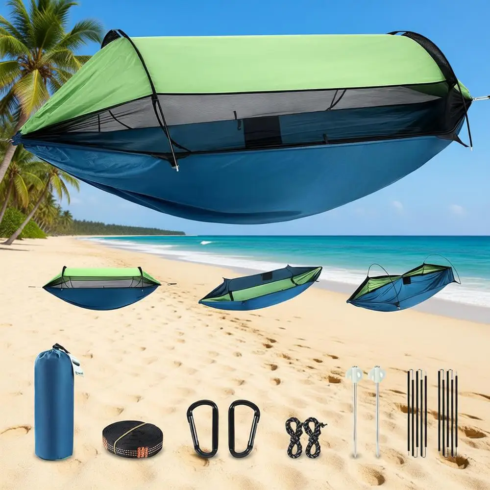 

Double Camping Hammock with Mosquito Net, Lightweight & Portable, Includes 10T Straps, 210T Nylon, Waterproof & Sunshade, Ideal