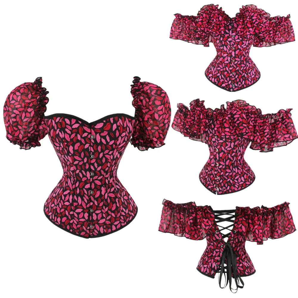 

Sexy Gothic Ruffle Lip Print Victorian Corset Waist Trainer Body Shaper Slim Lingerie Overbust Burlesque Strap Bustier Corselet