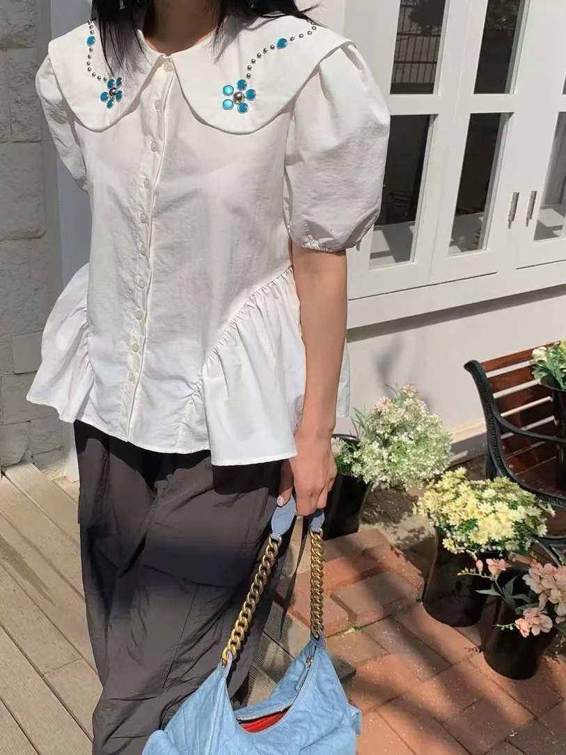 Sweet Doll Collar ort Sve Pleated Bubble Sve Women's irt Summer Faion Floral Embellied Casual Loose Fit Top