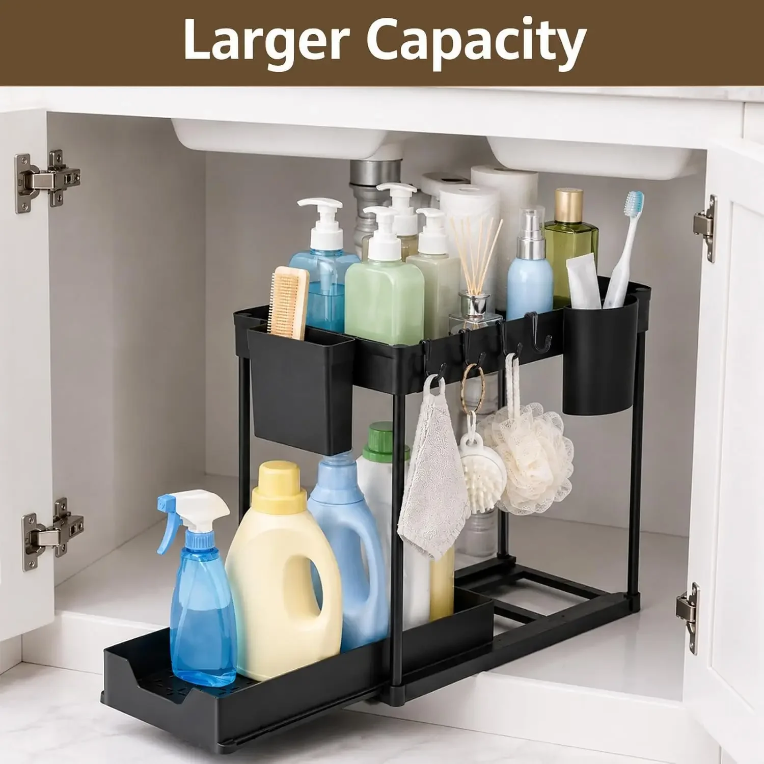 Under Sink Organizers And Storage,1/2 Pack 2-Tier Sliding Pull Out Basket,Antirust Carbon Steel Frame,With 5 Hooks & 2 Hanging Cups,Hollow Water Drain Design,Stable Deformation Resistant Rack For Kitchen,Bathroom,Desktop,Black