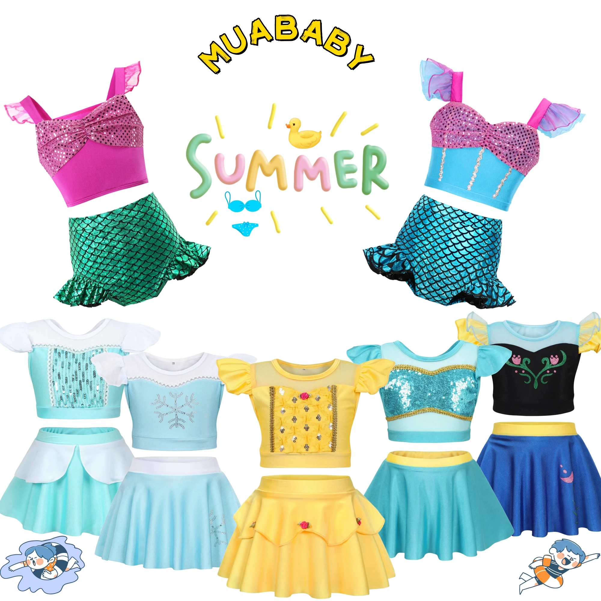 

Summer Swimwear Kids Baby Girl Mermaid Moana Elsa Floral Print Bathing Suit Princess Dress Beachwear 2-10 Years 2PC