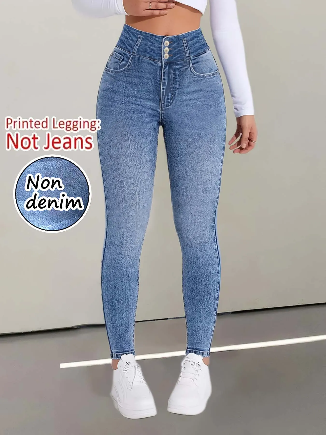 【Non-Denim】Women's Faux Denim Print Leggings, Sports Casual Skinny Pants, Thin Soft Skin-Friendly Yoga Pants, All-Season Long Pa view 2
