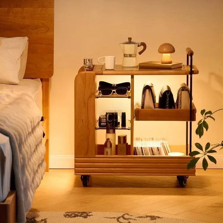 HHSolid Wood Trolley Cherry Wood Living Room Movable Shelves Can Store Side Cabinets