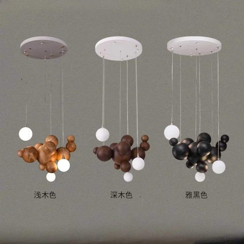 Designer's Solid Wood Pendant Light Creative Art Kitchen Restaurant Hanging Lamp New Chinese Hotel Wooden Ball Bar LED Lighting