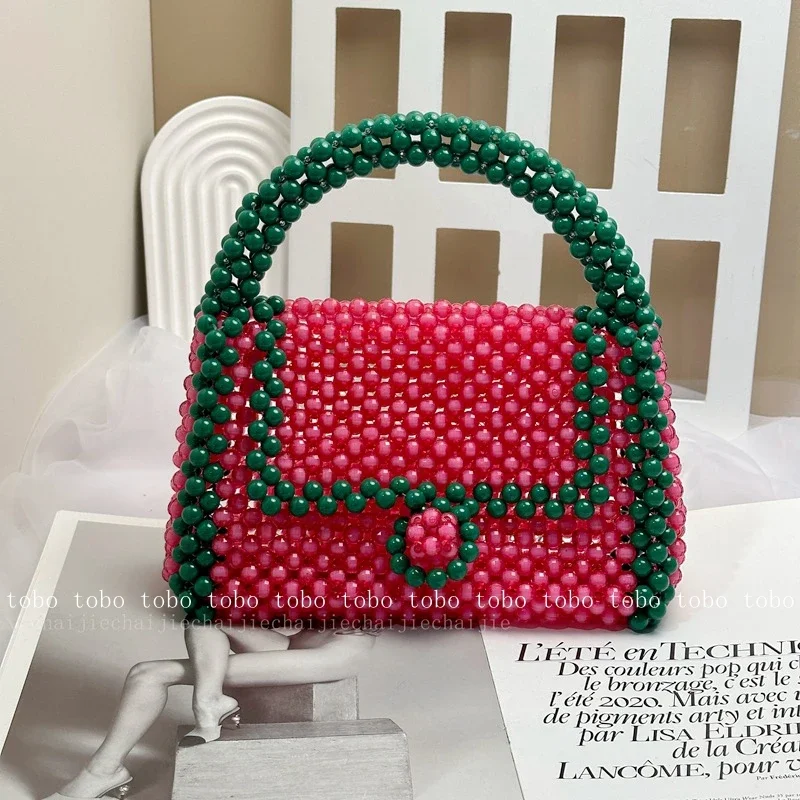 SHINE Homemade Original Flap Pockets Ladies Evening Party Purse Contrasting Color Beaded Woven Luxury Designer Banquet Handbag