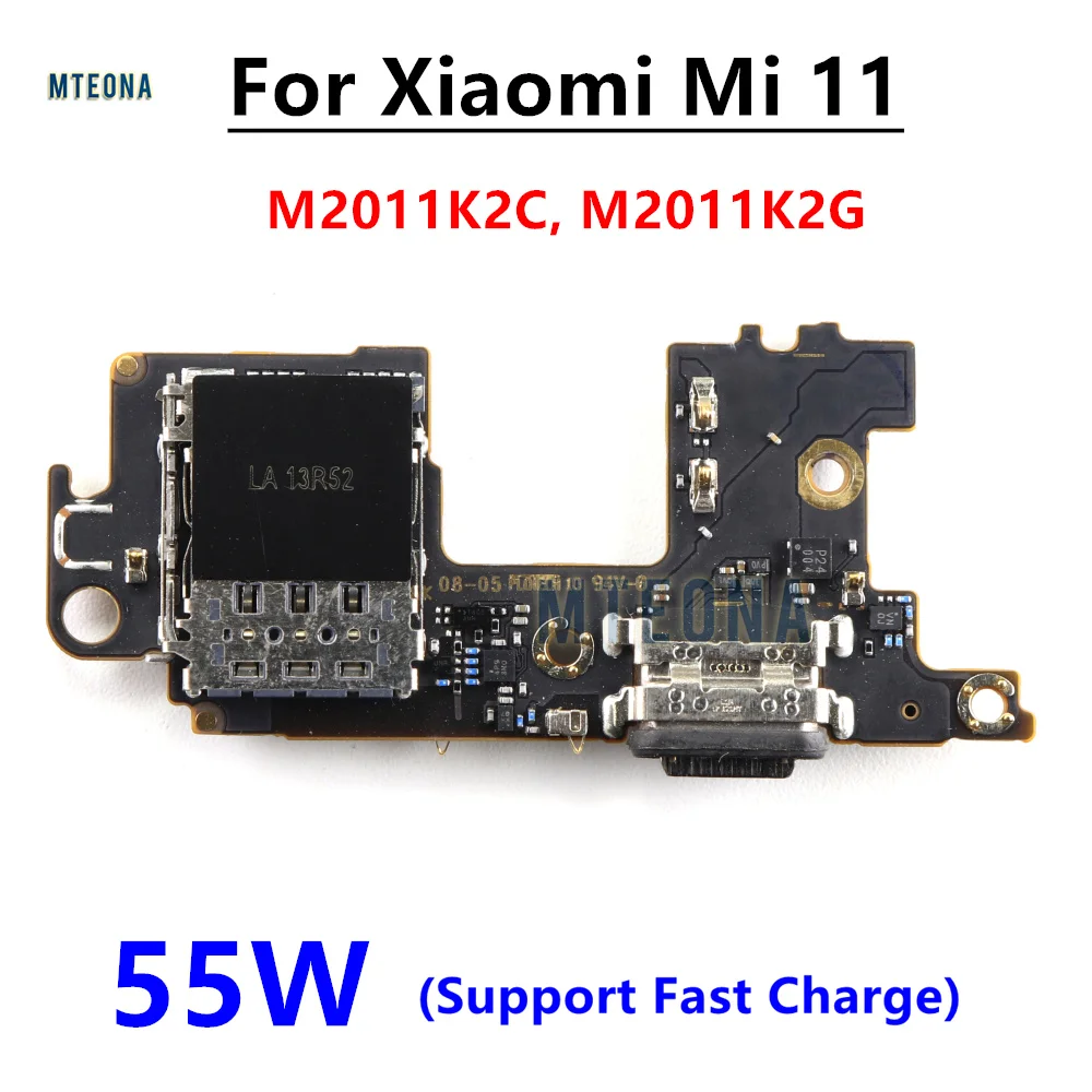 55W USB Charging Port Flex Cable For Xiaomi Mi 11 Mi11 Charger Board With Sim Card Slot Holder + Microphone M2011K2C, M2011K2G