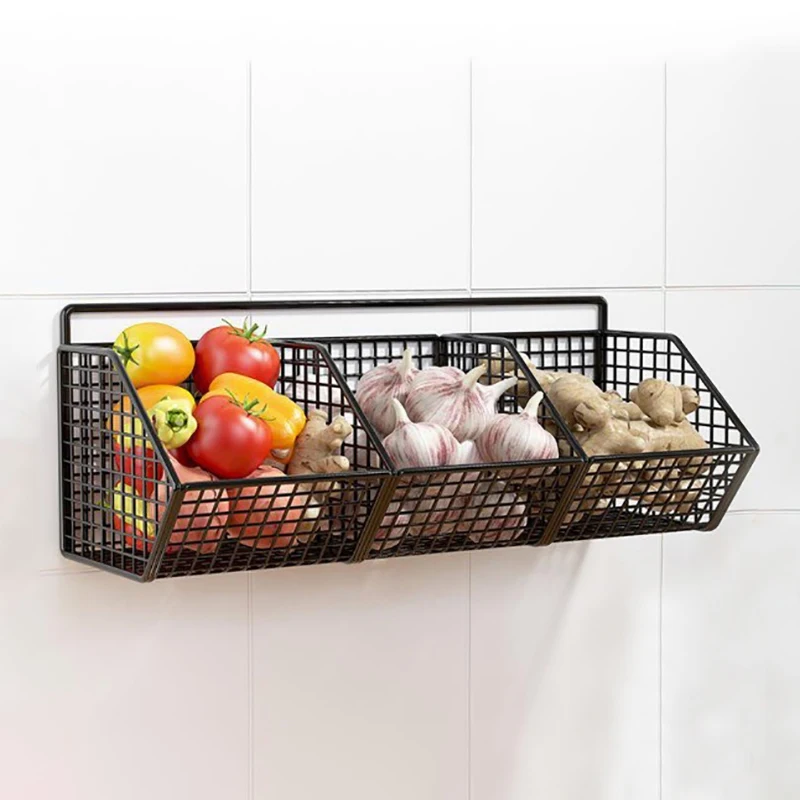 Wall Mounted Storage Rack Onion Ginger Garlic Condiments Spice Kitchen Shelf Punch-Free Vegetable Fruit Drain Basket Kitchen