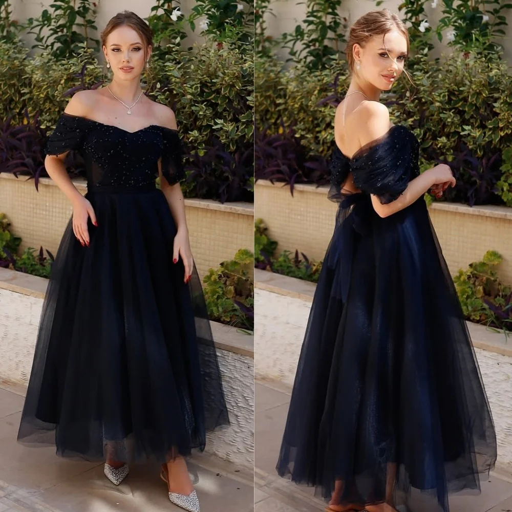 

Exquisite Matching Fashion Tulle Pleat Pearl A-line Off-the-shoulder Midi Dresses Bespoke Occasion Dresses ExquisiteHigh Quality
