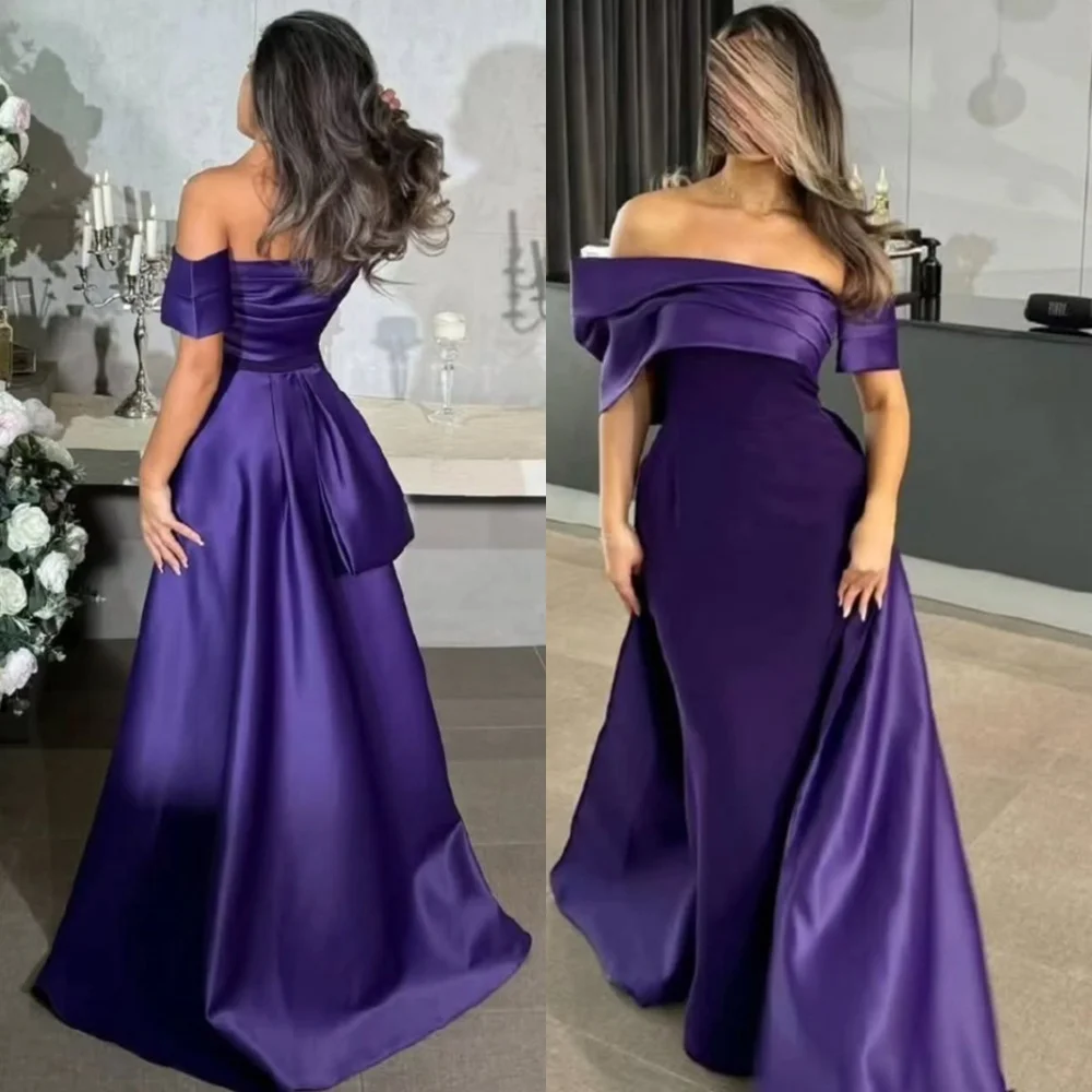 

Customized Luxury Purple Satin Evening Dress Temperament Strapless Dresses 2025 Woman Fashion Sweep Train Vestido De Festa