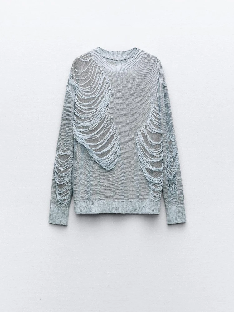 Nova Moda Primavera 2024 Suéter F de Malha de Manga Longa com Decote Redondo e Design Decorativo de Furos Confortável ...