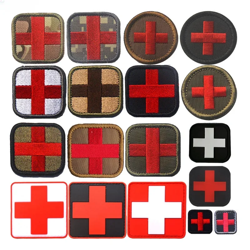 Red Cross PVC Badge Medical First Aid Rubber Patches Military Cross Rescue Hook and Loop Embroidery Sticker Sewing on Backpack