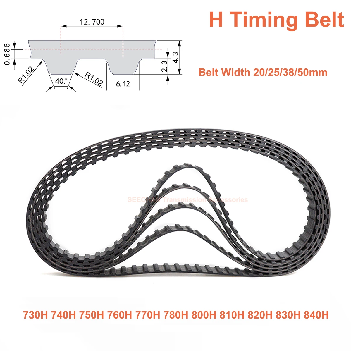 

H Trapezoidal Tooth Timing Belt Width 20/25/38/50mm Closed-loop Rubber Synchronous Belt 730H~840H Transmission Belt Pitch 12.7mm