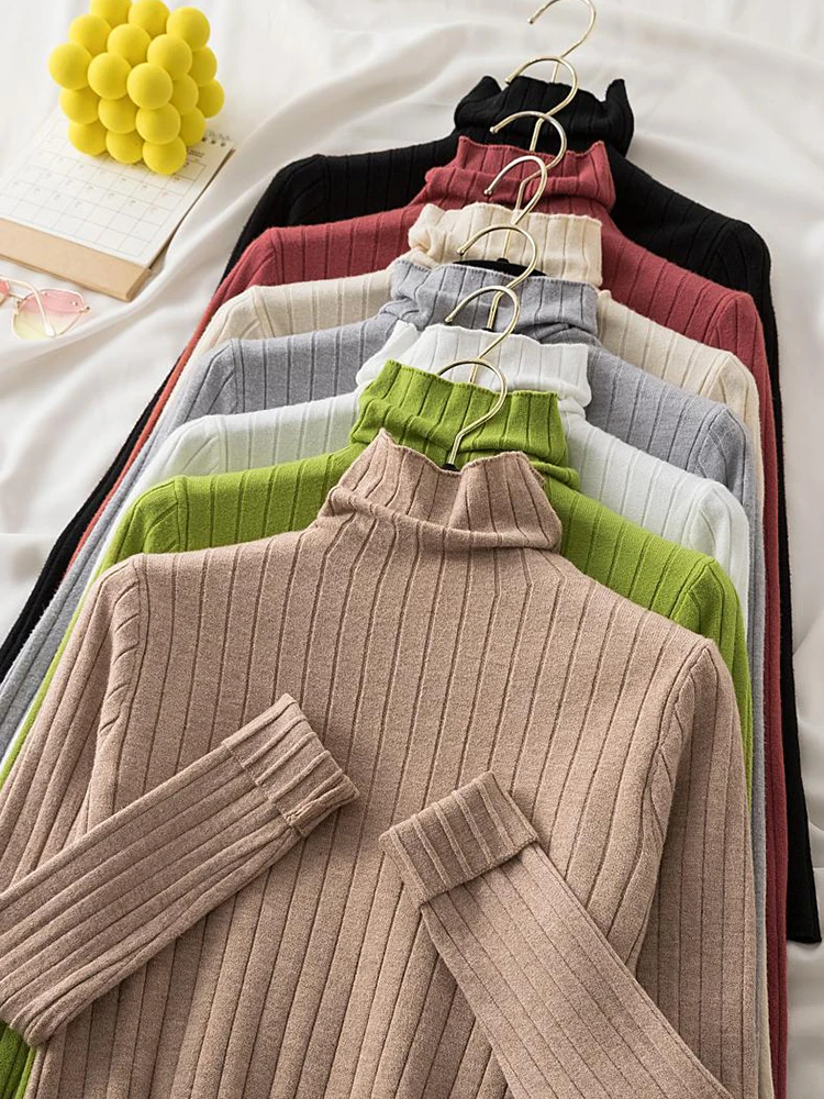 

Pile Turtleneck Knitted Ribbed Sweater Women Jumper Autumn Winter Basic Pullover Female Sweaters Solid Tops