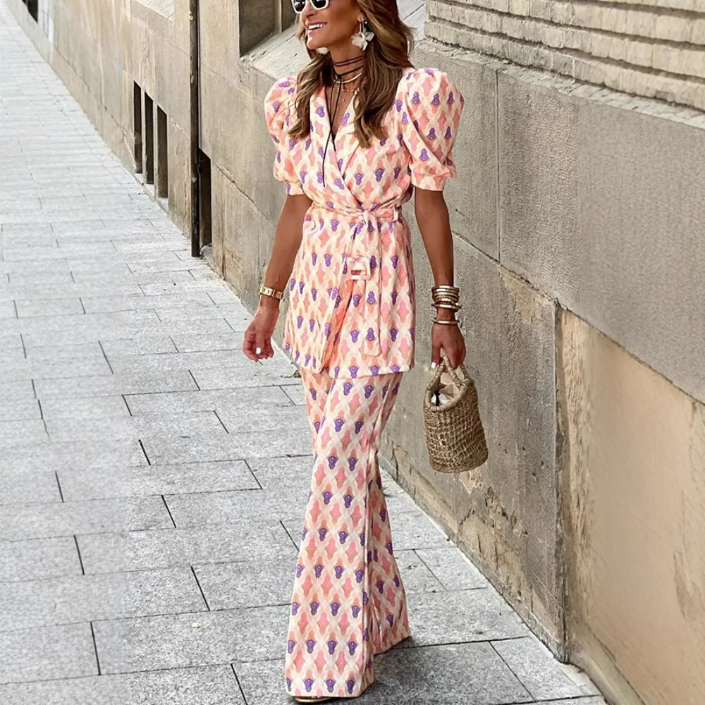 

New Women's V-neck Lace Up Printed Two-piece Lantern Sleeve Long Pants Slim Fit and Simple Casual Office Commuting Pants Set