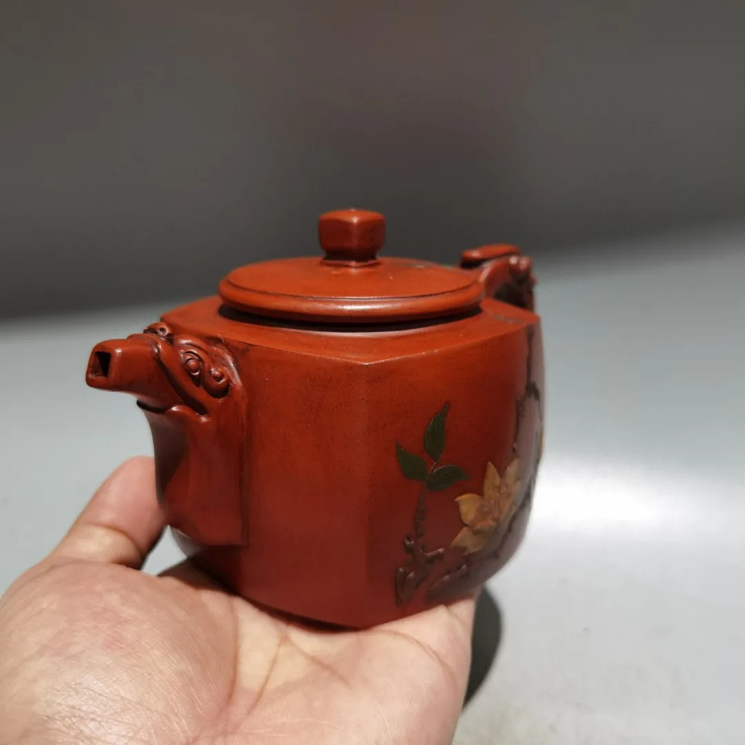 Purple teapot Yixing Purple Clay Teapot two-color Painted Flower and leaf pattern Dragon Mouth Square Pot Kettle Teapot