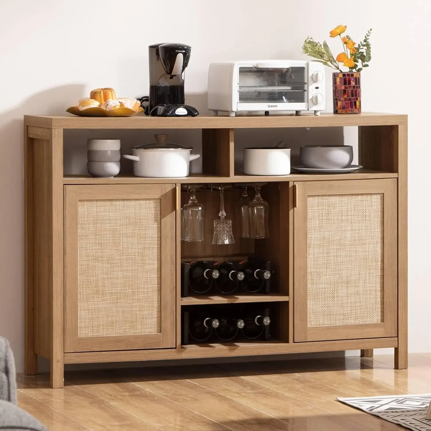 SICOTAS-Armoire de café-bar, buffet en rotin de 51 "avec rangement, style bohème français ou avec Psychà vin