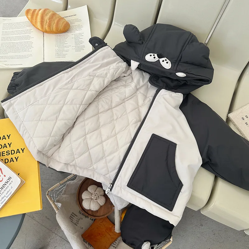 

Boy' Cotton Coats Set Thickened Warm Cartoon Hooded Jacket Autumn Winter Kids Casual Loose Warm Pants 2Pieces Outfit