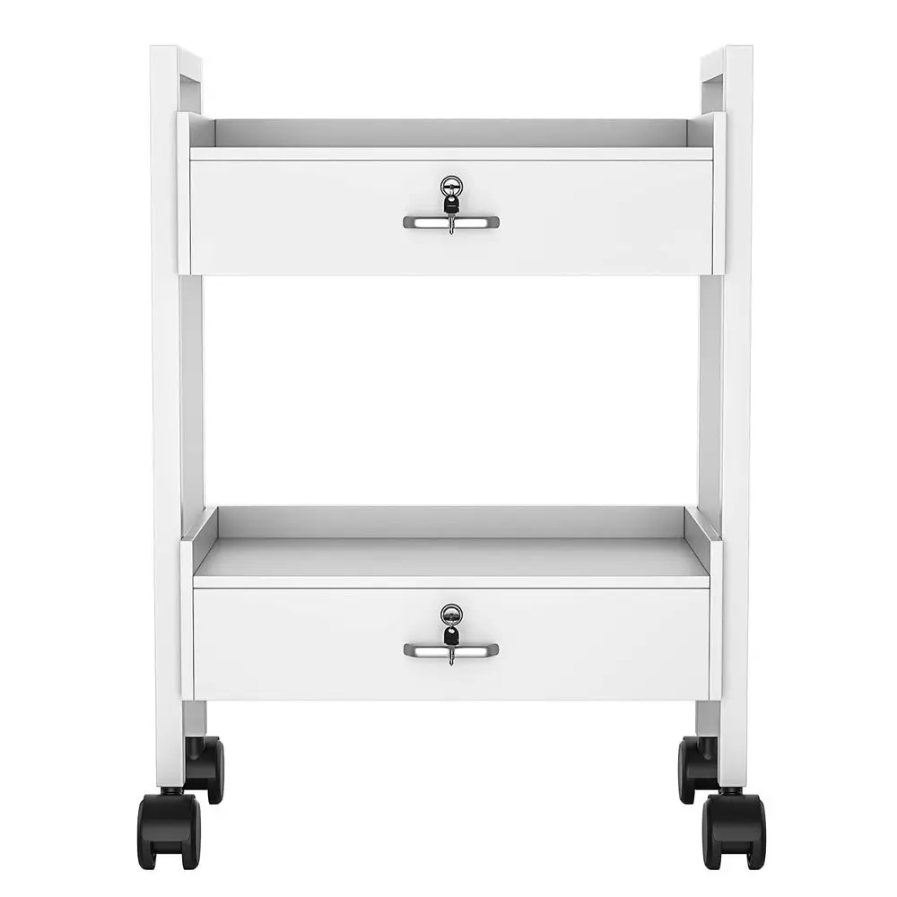2-Layer Rolling Storage Cart with Lockable Wheels for Beauty, Barber, and Stylist Equipment (White)