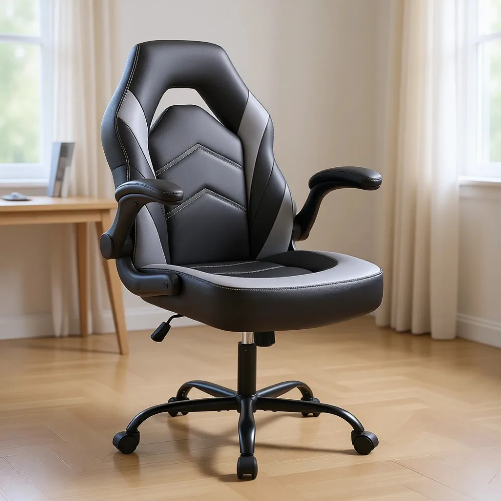 

Big and Tall Leather Gaming Chair Adjustable Swivel Flip Arms Grey for Office Study