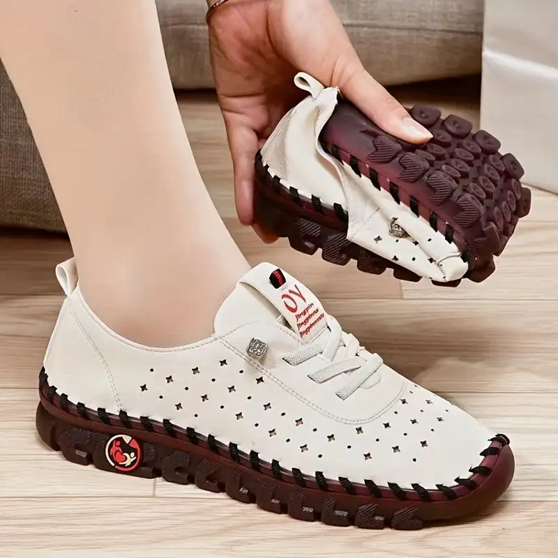 

Women's Handmade Flat Sneakers, Hollow Out Solid Color Lace Up Low Top Shoes, Casual Walking Shoes