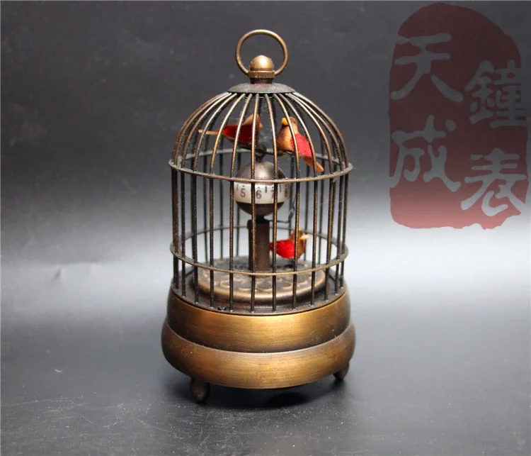Vintage Old Copper Carved Bird in Cage Mechanical Table Clock Antique Style Collectible Desk Ornament Home Office Decoration