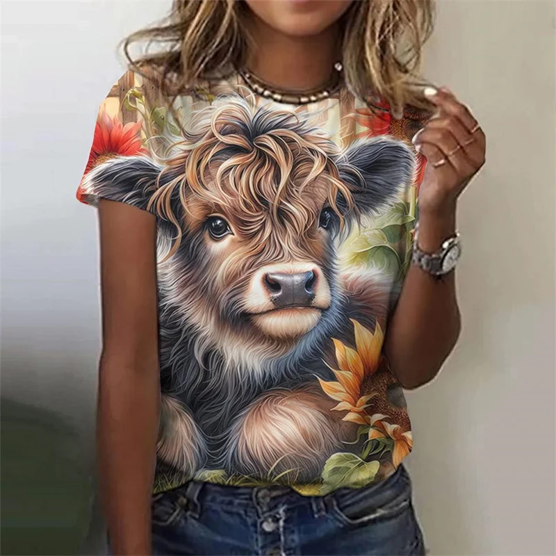 Women's T-shirt Fun Highland Cow Floral Graphic Crew Neck Short Sleeve Streetwear Casual Summer Tops Women Clothing