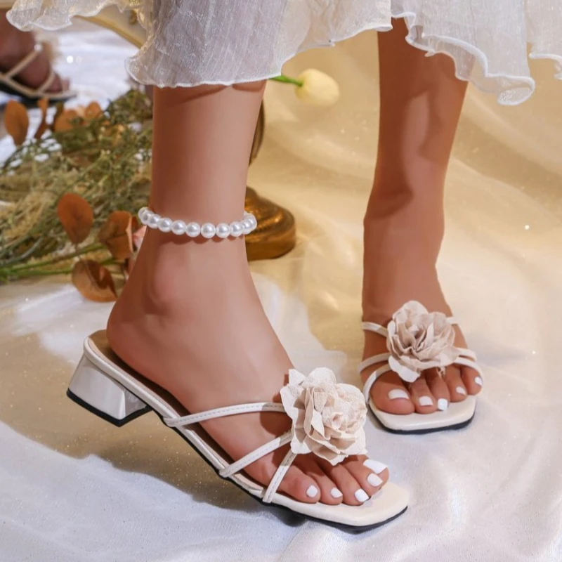

2026 Shoes Womens Slippers Outdoor Thin Heels Slides Heeled Flower Pantofle Summer High Floral Elegant