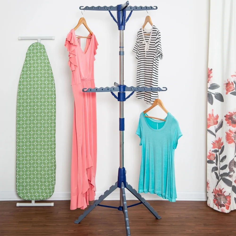

Space-Saving 2-Tier Steel Tripod Hanging Clothes Drying Rack, Blue/Silver