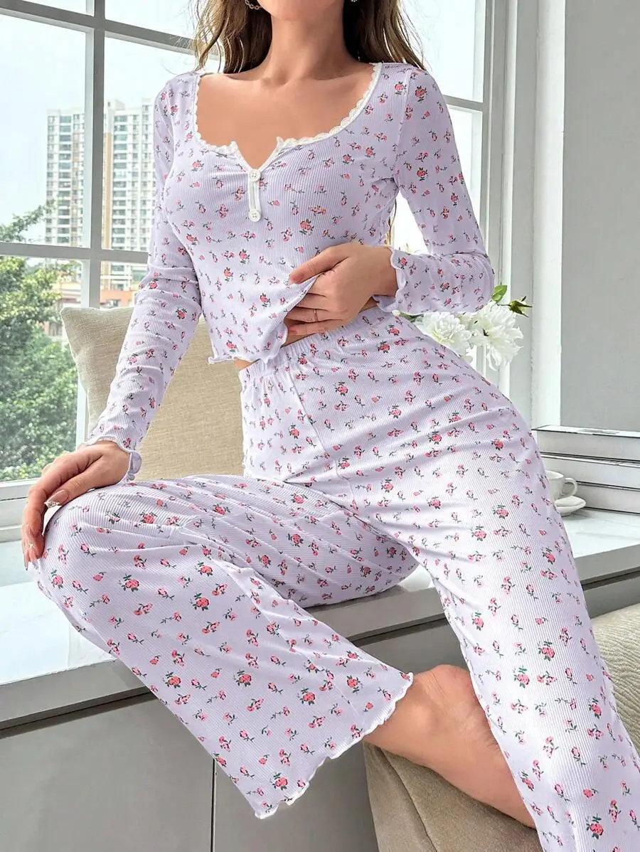 Women\'s Pajama Set Lace Buttons Trims Sleepwear Slim Long-sleeved Trousers Floral Print Stylish sexy Loungewear Nightwear Pyjama