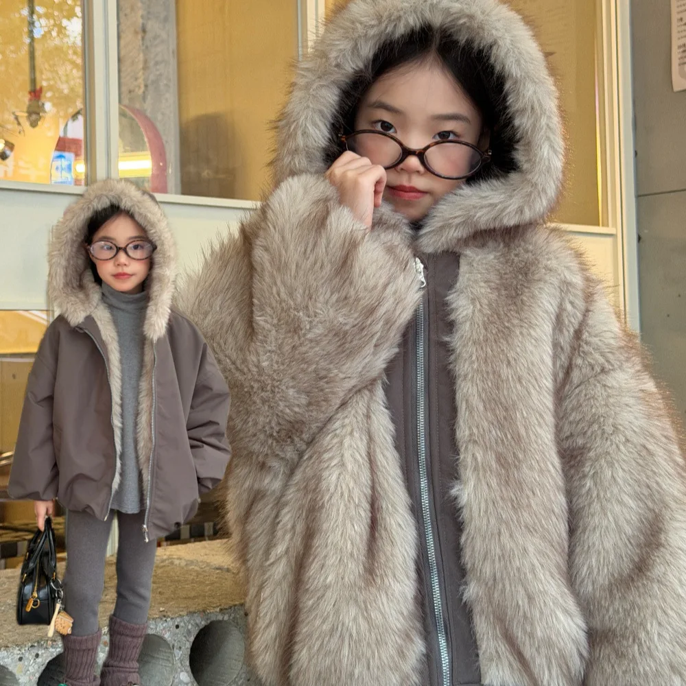 2025 Winter New Women's Middle-aged and Older Children Wear Fluffy Coats on Both Sides, Girls' Imitation Fur Hooded Warm Coat