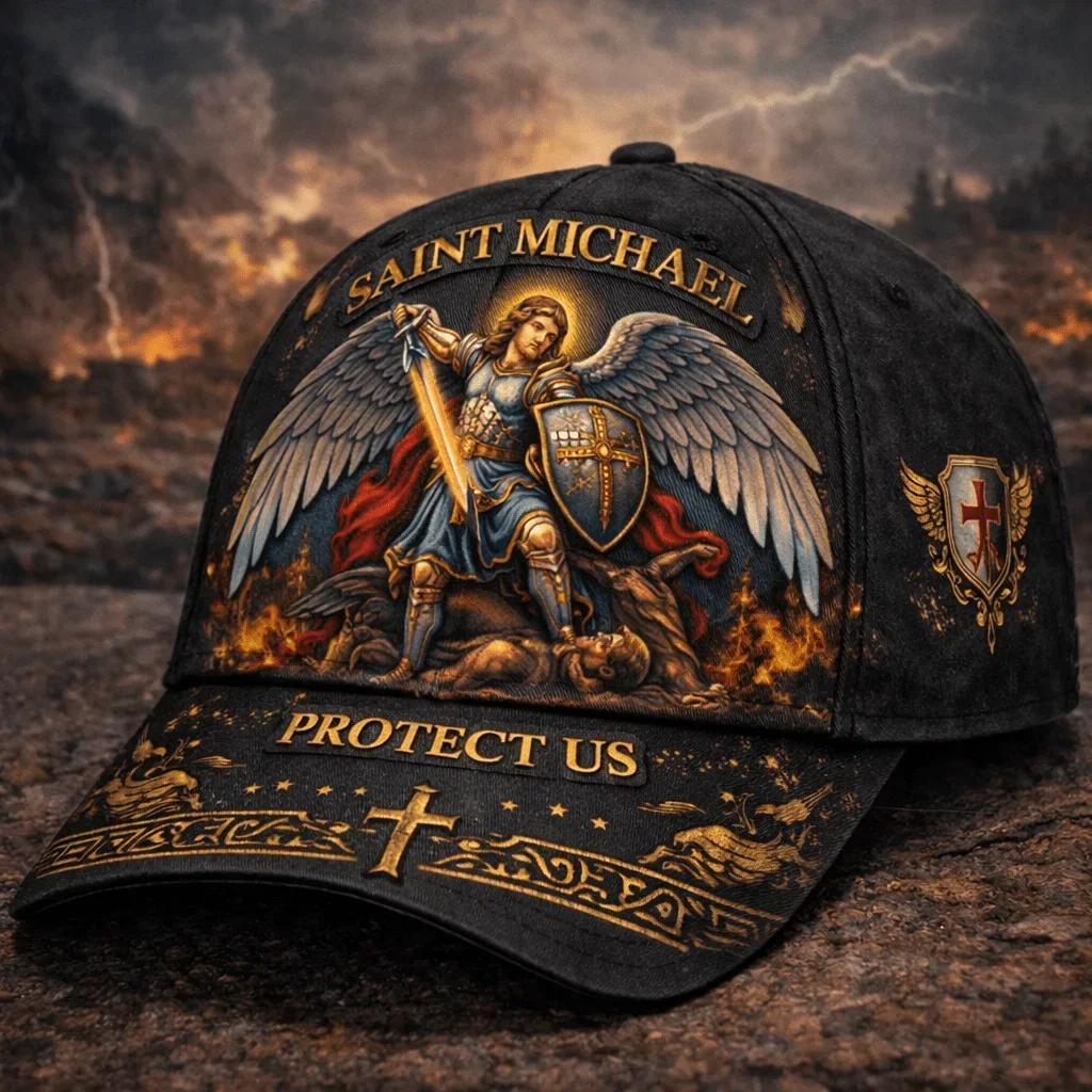 Customization Saint Michael Angel Baseball Cap Winged Warrior Sword Shield Artwork Protect Us Quote Dramatic Fire Sky Graphic Ad