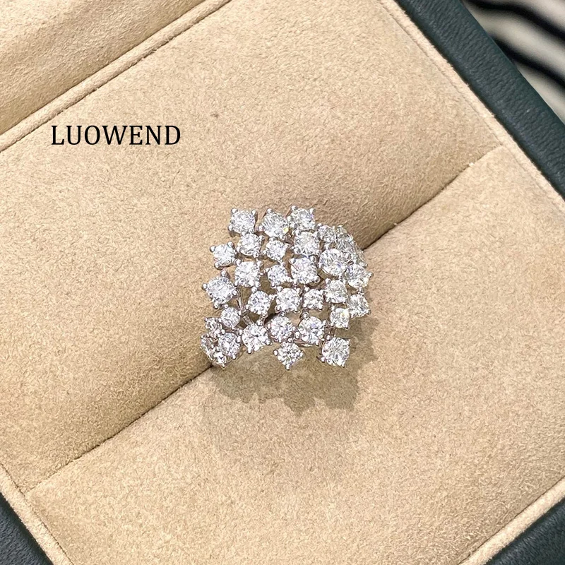 LUOWEND 100% 18K White Gold Rings Luxury Romantic Style Real Natural Diamond Engagement Ring for Women High Party Jewelry