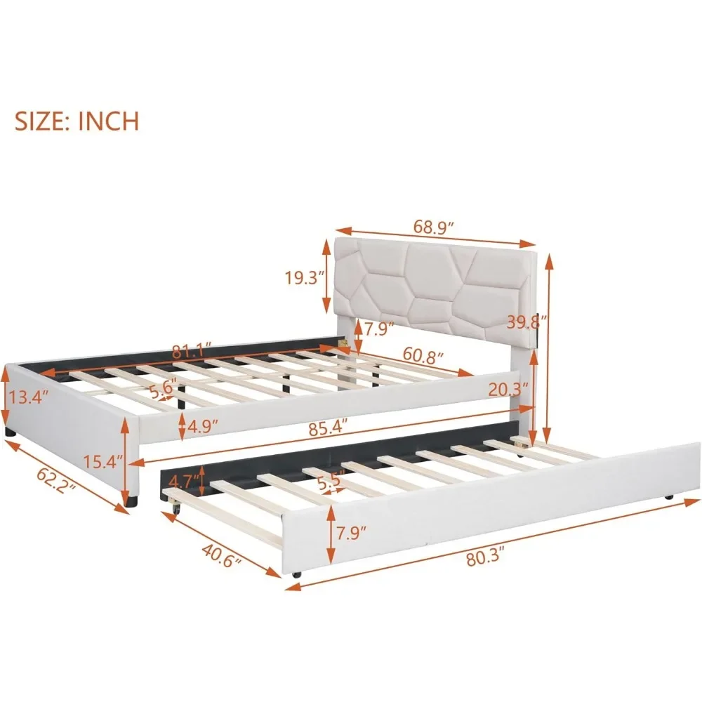 Somier tapizado de lino tamaño Queen con soporte de listón, dos rodillos XL y cabecero con diseño de ladrillo, fácil de montar, beige