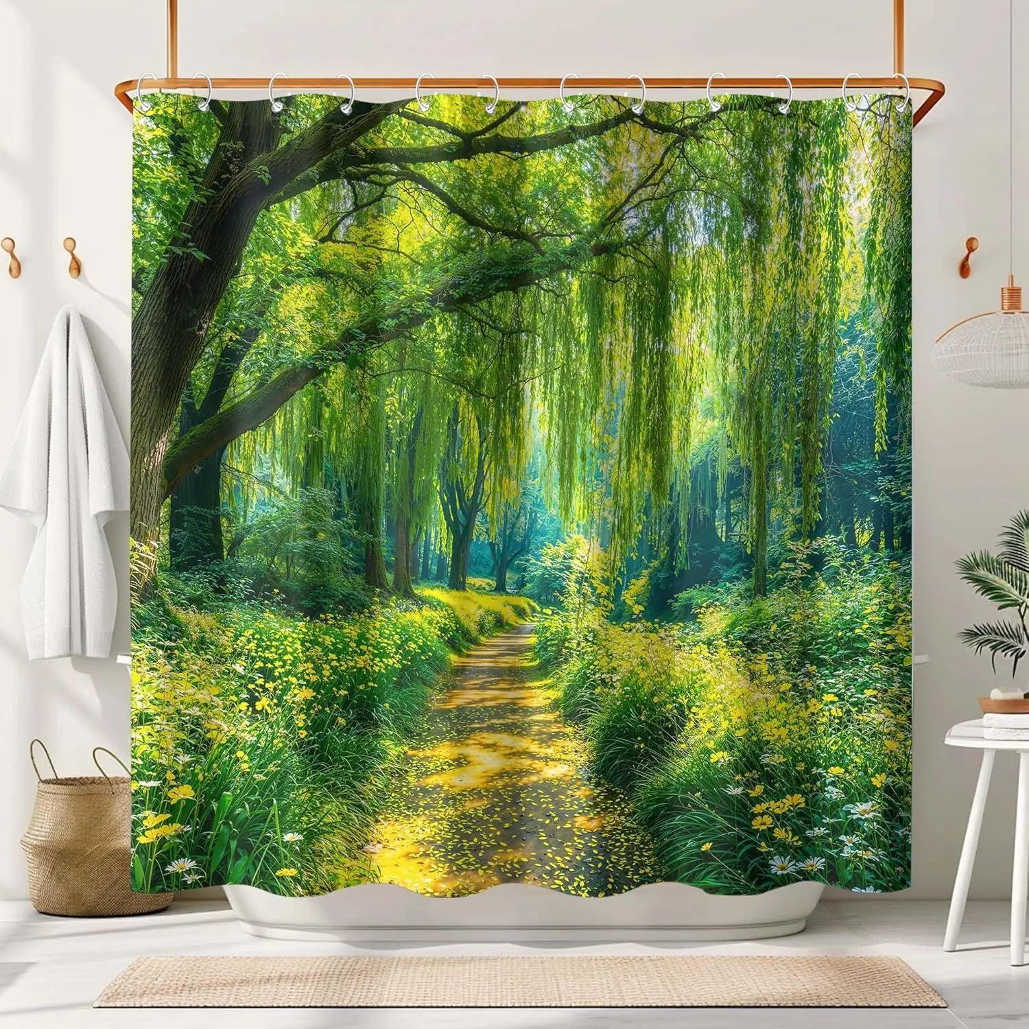 

Misty Forest Shower Curtain Willow Tree Path Scenery Bathroom Curtain Nature Landscape Shower Curtain Set with 12 Hooks