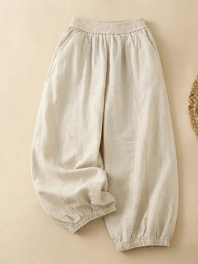 

Ретро-брюки из льна с широкими штанинами, свободного кроя, с эластичным поясом, утягивающие, для женщин больших размеров, повседневные, летние, модные.