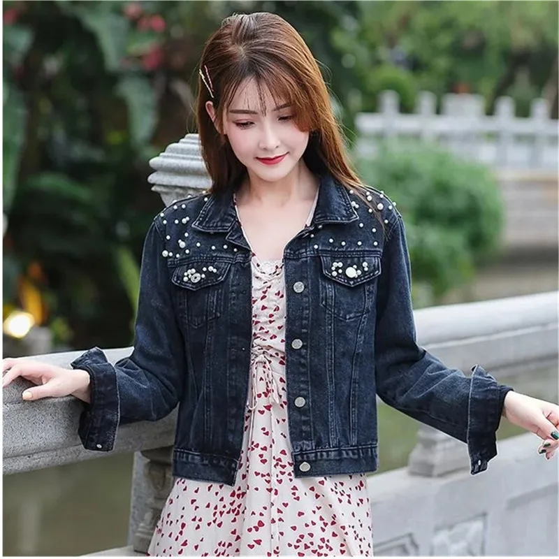 

2024 Spring New Womens Jackets Fashion Vintage Beading Short Denim Top Elegant Coats Female