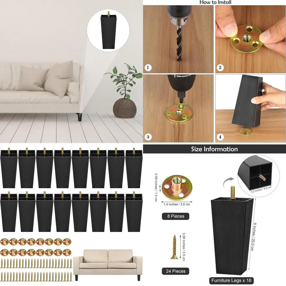 

8-дюймовые черные пластиковые ножки для диванов с Т-образными гайками M8 для мебели: диванов, стульев, шкафов, комодов, кроватей