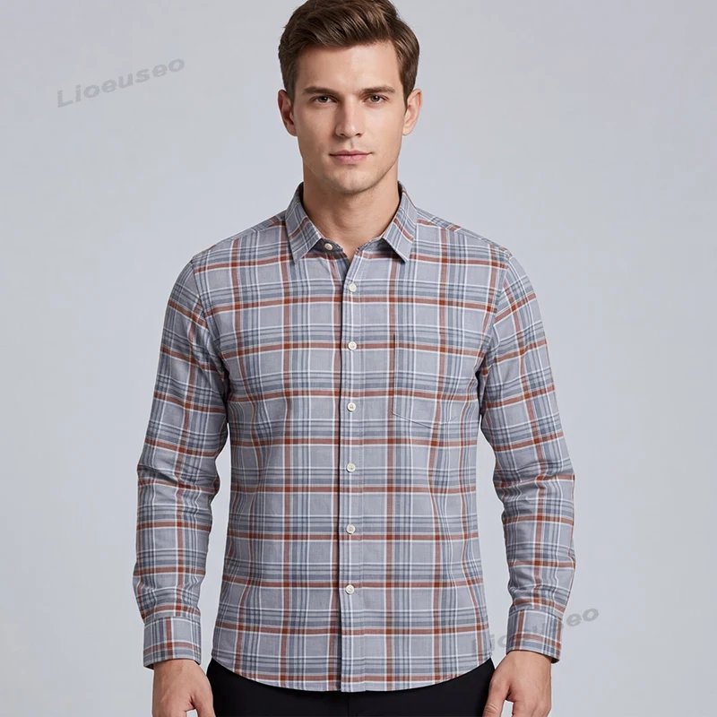Cotton Oxford Shirts Men\'s Long Sleeve Fashion Casual Single Patch Pocket Dress Shirt Men Standard-Fit Button-Down Collar Shirts