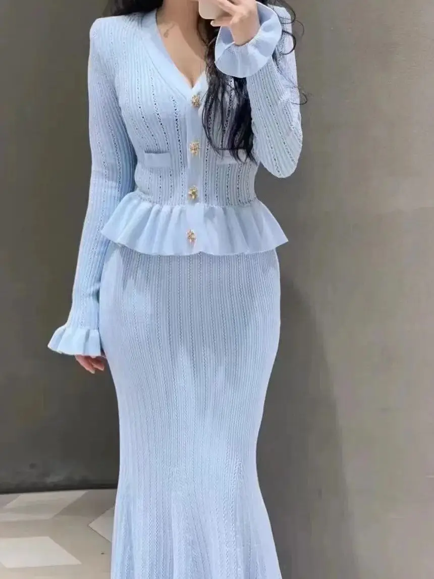 Women Hollow Out Knitted Set Ruffles Spliced Single Breasted Long Sleeve V-Neck Cardigan and Elatsic Waist Fishtail Midi Skirt