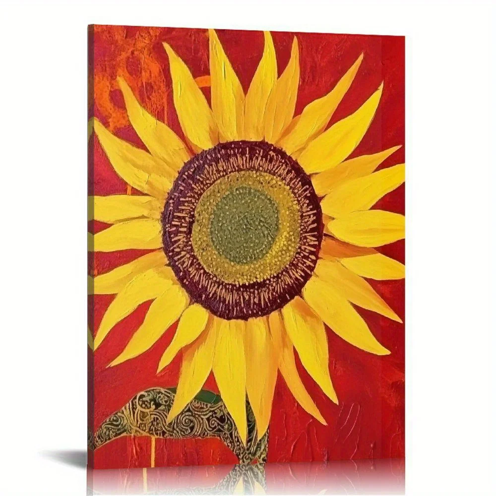 Pintura artística de girasol floreciente, marco de madera decorativo Floral cálido y esperante, energía positiva, marco de lienzo para espacio del hogar, 1 ud.