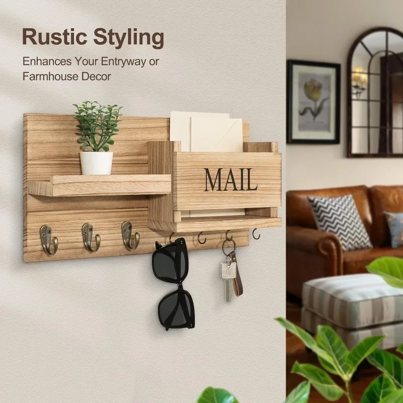 Nuevo organizador de correo de Color madera para montaje en pared, soporte para llaves con estante, incluye soporte para cartas y ganchos para decoración de pasillo y granja